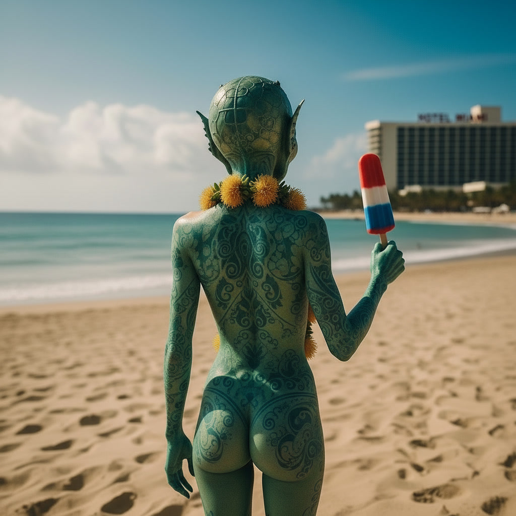 Zeta standing on an American beach
